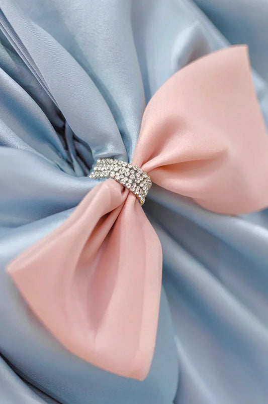 Vestido princesa de satén azul, corte A, vestido de noche azul con lazo TP572