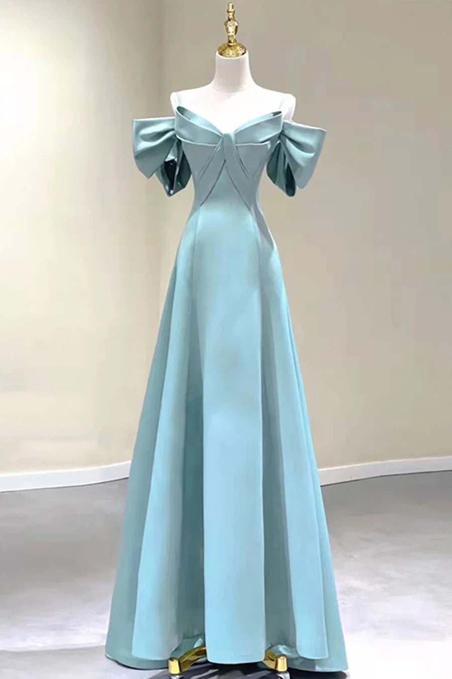 Blue Satin Long A-Line Prom Dress, Off the Shoulder Evening Dress TP573