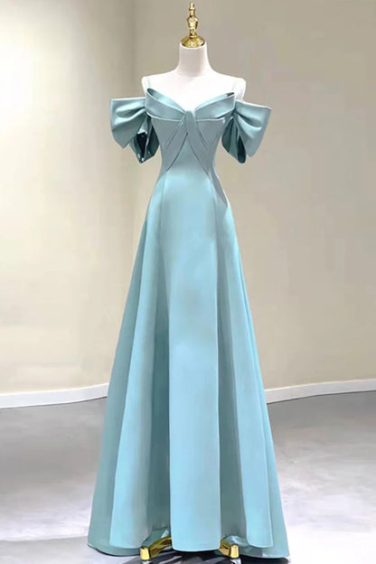 Blue Satin Long A-Line Prom Dress, Off the Shoulder Evening Dress TP573