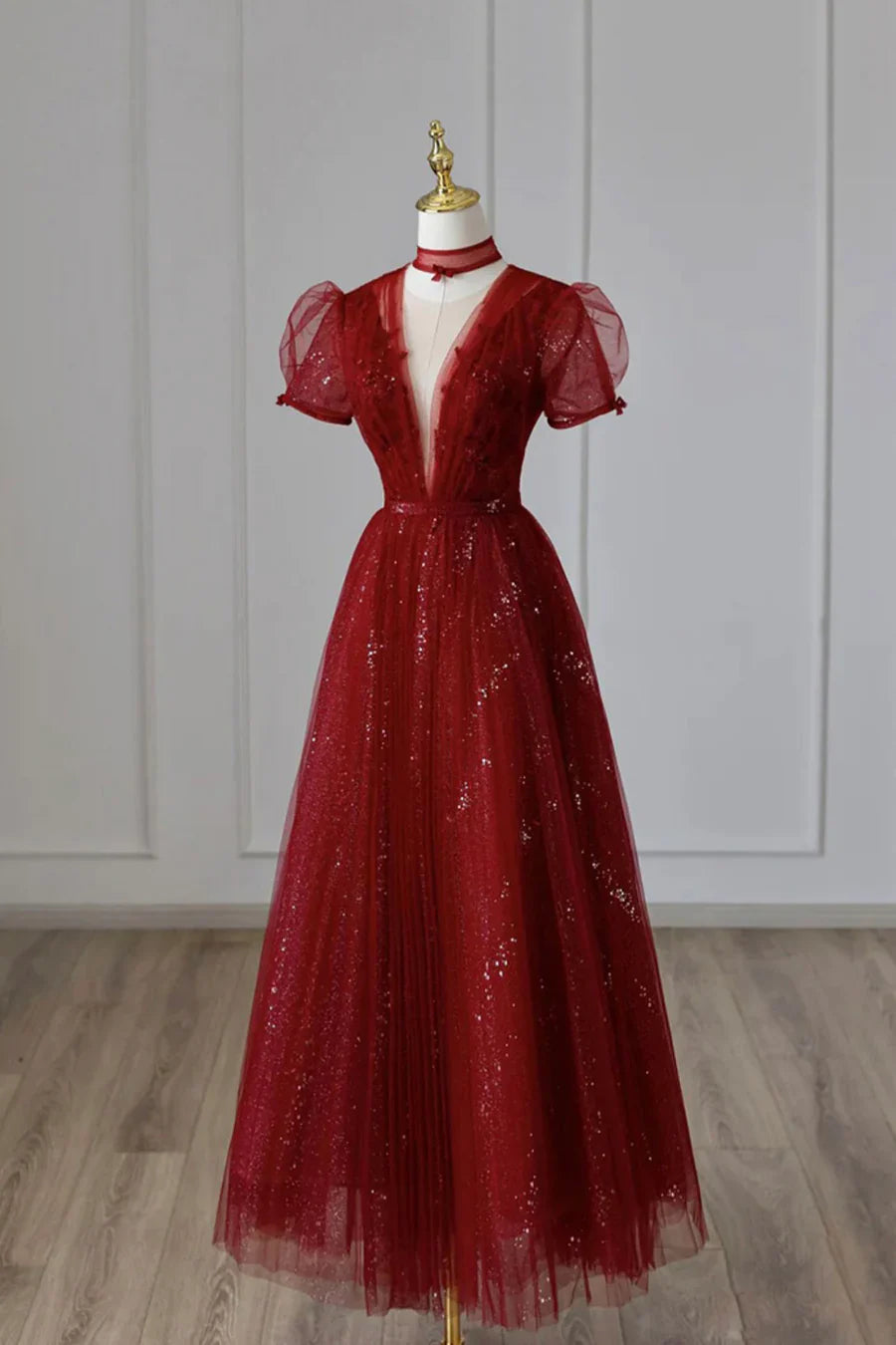 Vestido de fiesta de tul burdeos con lentejuelas, largo hasta la rodilla, corte A, TP576