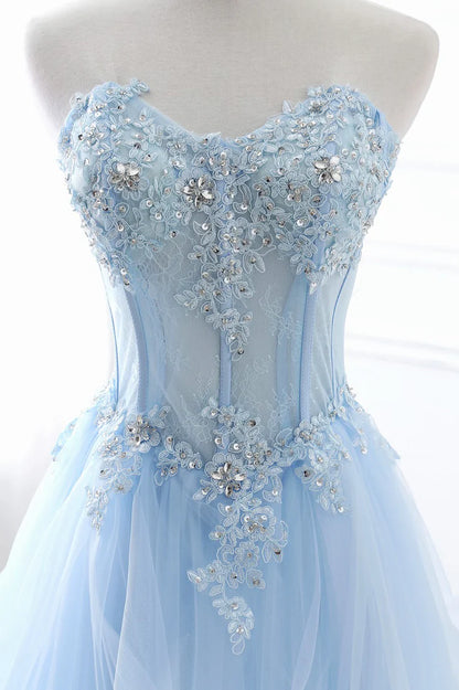 Blue Strapless Tulle Lace Long A-Line Prom Dress, Blue Evening Dress TP579