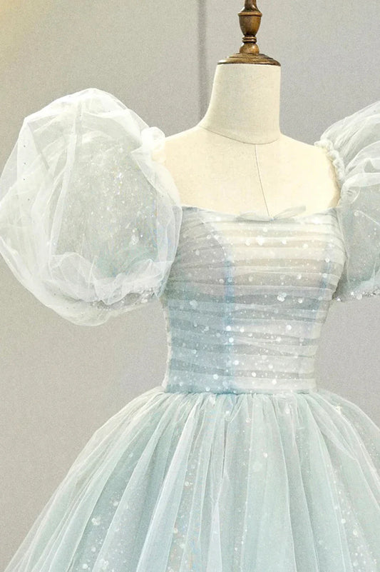 Precioso vestido de noche formal de tul con mangas abullonadas, vestido de fiesta largo de corte A TP580