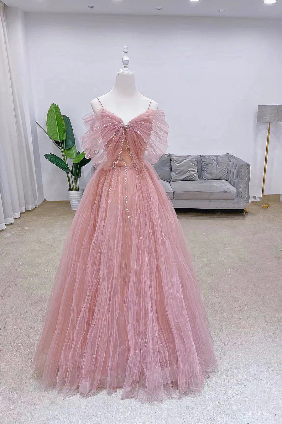 Vestido de fiesta largo de tul rosa con lentejuelas, precioso vestido de noche de corte A TP584