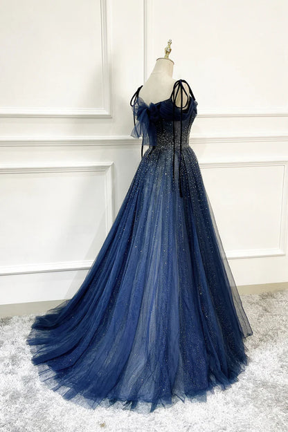 Blue Long Tulle Beaded Prom Dress, Blue Evening Party Dress TP586
