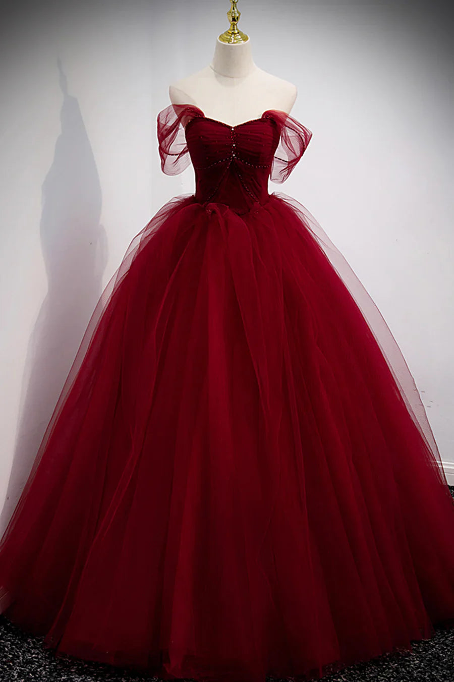 Burgundy Tulle Long A-Line Prom Dress, Burgundy Evening Party Dress TP587