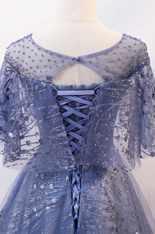 Blue Tulle Sequins Long Prom Dress, A-Line Blue Evening Dress TP591