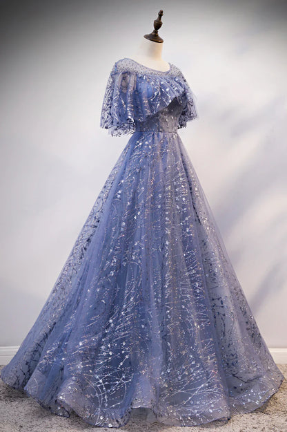 Blue Tulle Sequins Long Prom Dress, A-Line Blue Evening Dress TP591