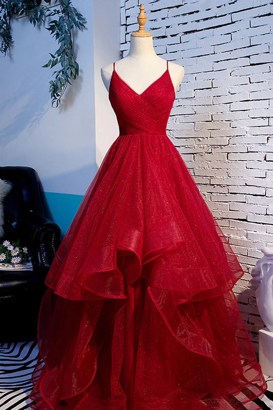 Vestido de fiesta largo de tul rojo con escote en V y corte A, TP593