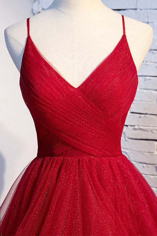 Vestido de fiesta largo de tul rojo con escote en V y corte A, TP593