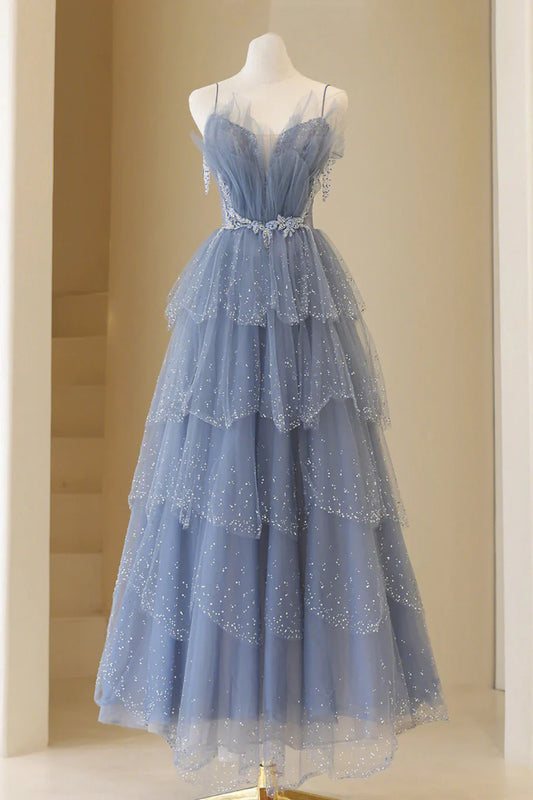 Blue Tulle Layers Straps Beaded Long Prom Dress, Blue A-Line Evening Dress TP594