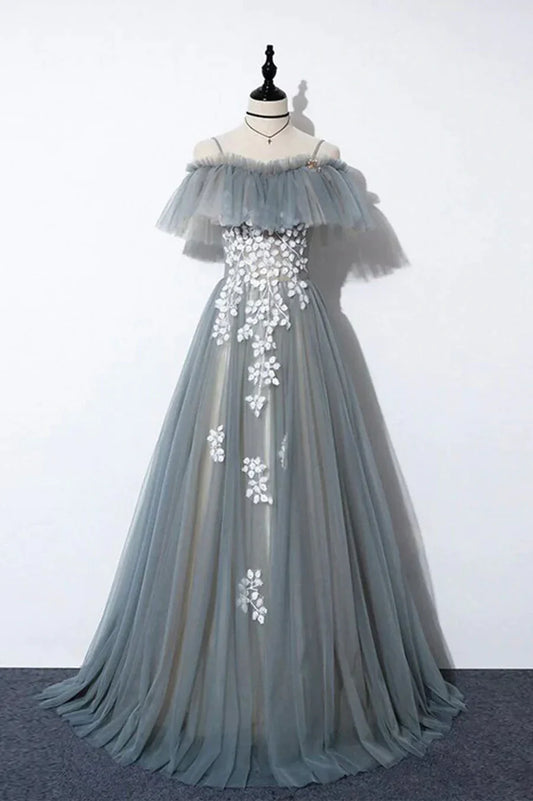 Vestido de fiesta largo de tul gris con encaje, corte A, TP597