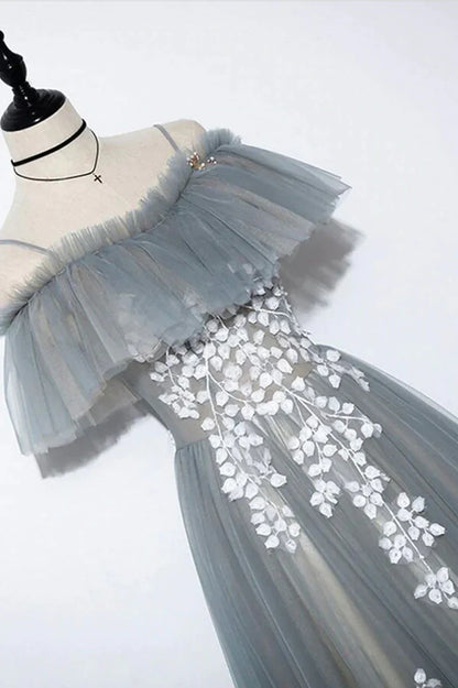 Vestido de fiesta largo de tul gris con encaje, corte A, TP597