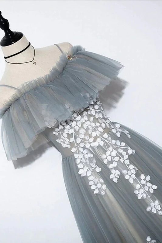 Vestido de fiesta largo de tul gris con encaje, corte A, TP597