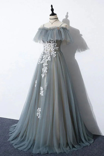 Vestido de fiesta largo de tul gris con encaje, corte A, TP597