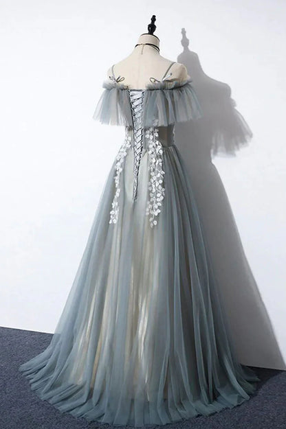 Vestido de fiesta largo de tul gris con encaje, corte A, TP597
