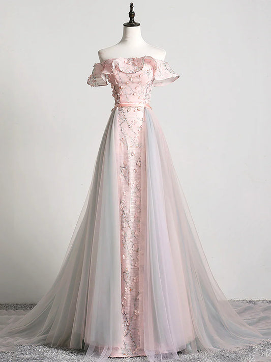 Precioso vestido de fiesta largo con apliques de tul, corte A y falda desmontable TP599
