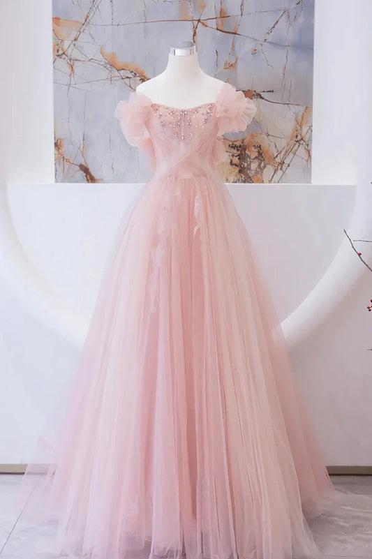 Vestido de fiesta largo de tul rosa con cuentas, corte A, TP600