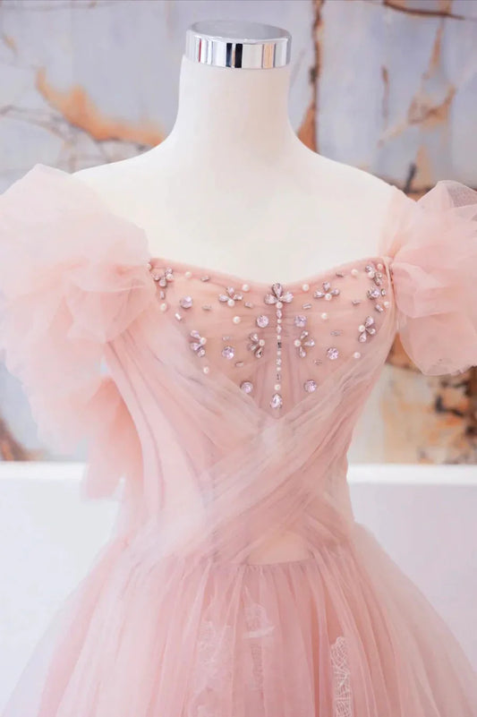 Vestido de fiesta largo de tul rosa con cuentas, corte A, TP600