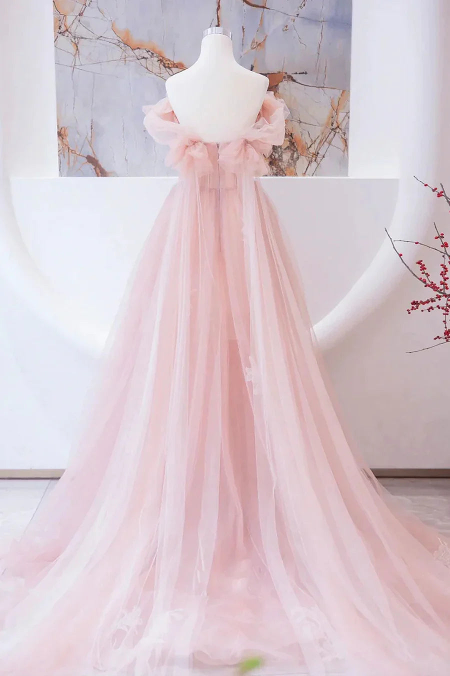 Vestido de fiesta largo de tul rosa con cuentas, corte A, TP600
