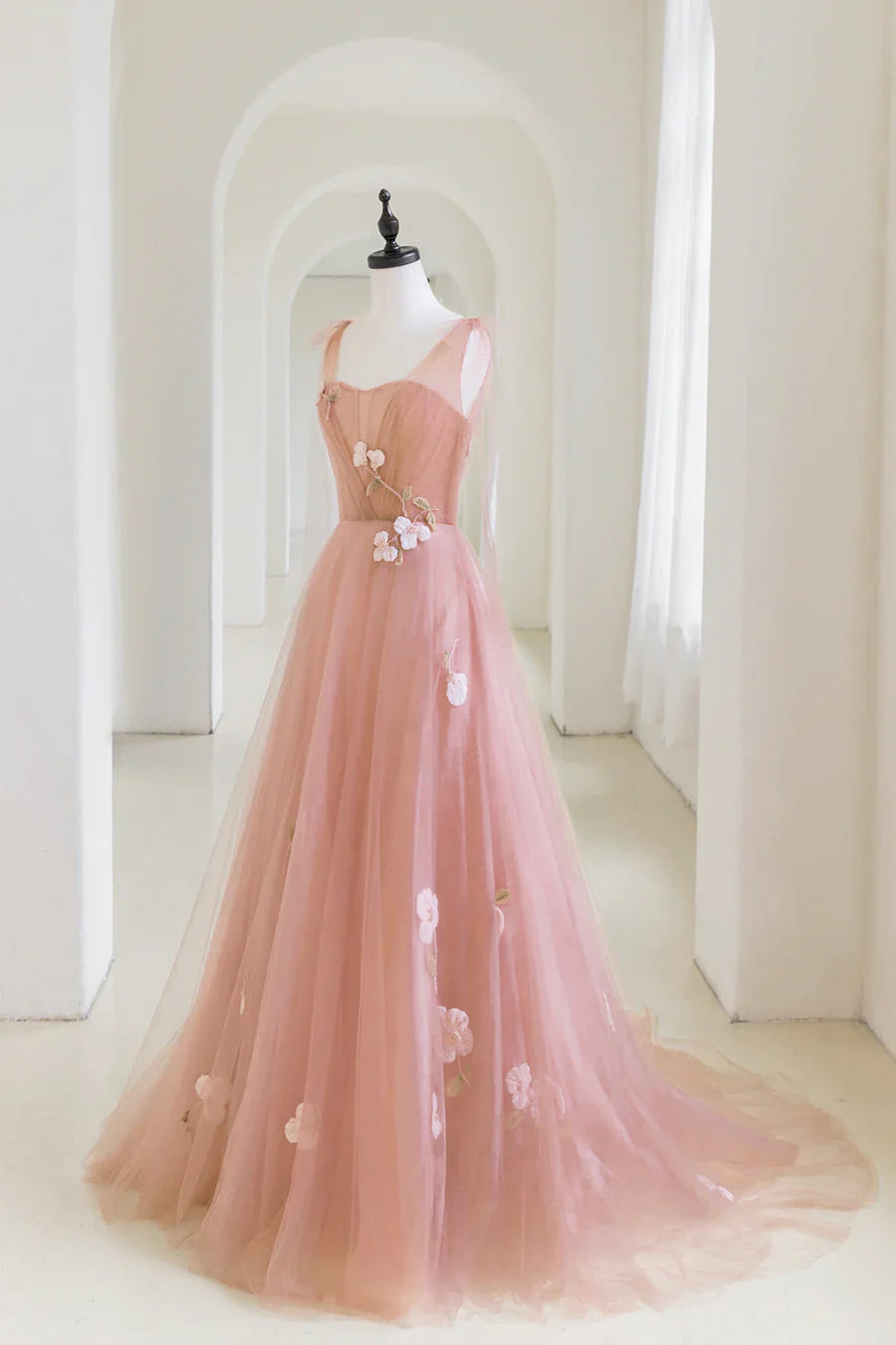 Vestido de noche largo con apliques de tul rosa, corte A, para fiesta juvenil TP601
