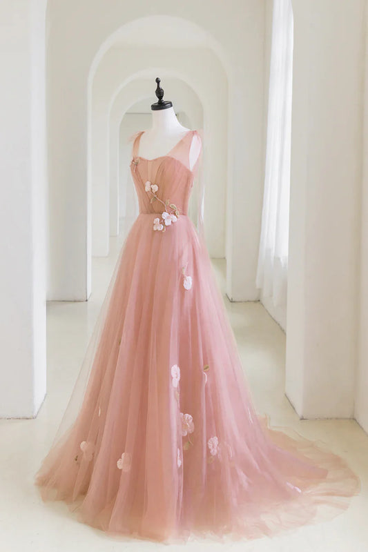 Vestido de noche largo con apliques de tul rosa, corte A, para fiesta juvenil TP601