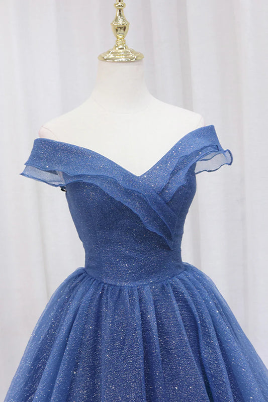 Blue Off the Shoulder Long Party Dress Evening Gown, Blue Junior Prom Dress TP602