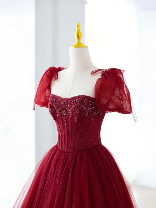 Vestido de fiesta largo de tul burdeos con cuentas, corte A, vestido de noche formal TP603