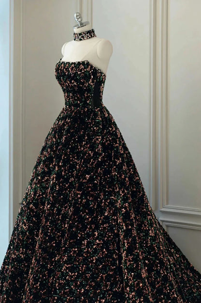 Elegante vestido de fiesta largo con lentejuelas, corte A, TP607
