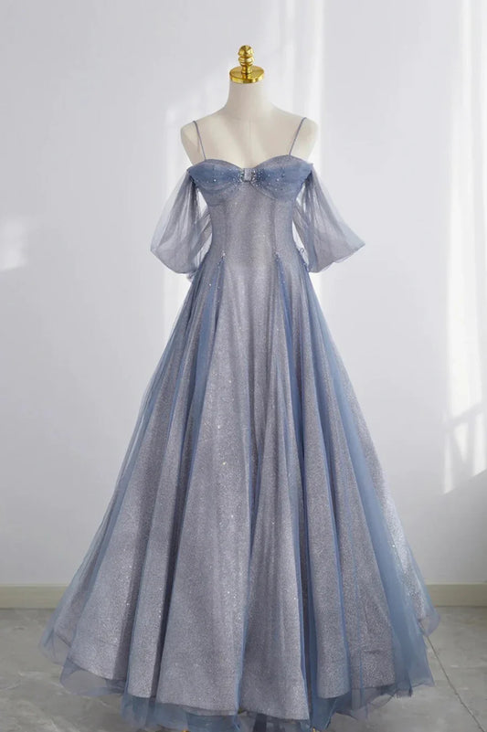 Blue Spaghetti Strap Tulle Long Prom Dress, A-Line Formal Dress TP609