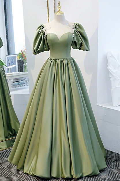Vestido formal largo de satén verde, corte A, vestido de fiesta juvenil verde TP613
