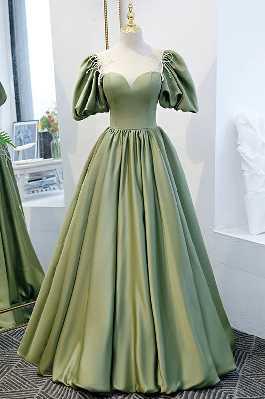 Green Satin A-Line Long Formal Dress, Green Junior Prom Dress TP613