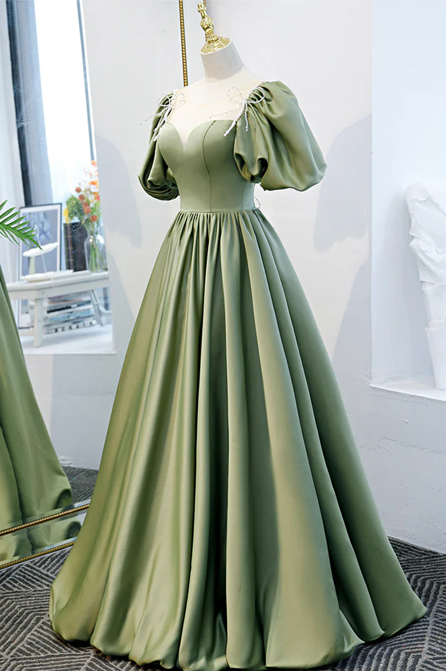 Vestido formal largo de satén verde, corte A, vestido de fiesta juvenil verde TP613