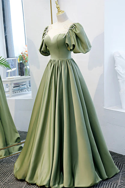 Vestido formal largo de satén verde, corte A, vestido de fiesta juvenil verde TP613