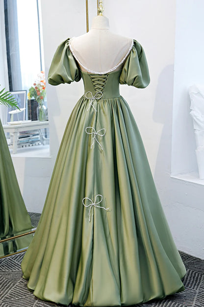 Vestido formal largo de satén verde, corte A, vestido de fiesta juvenil verde TP613