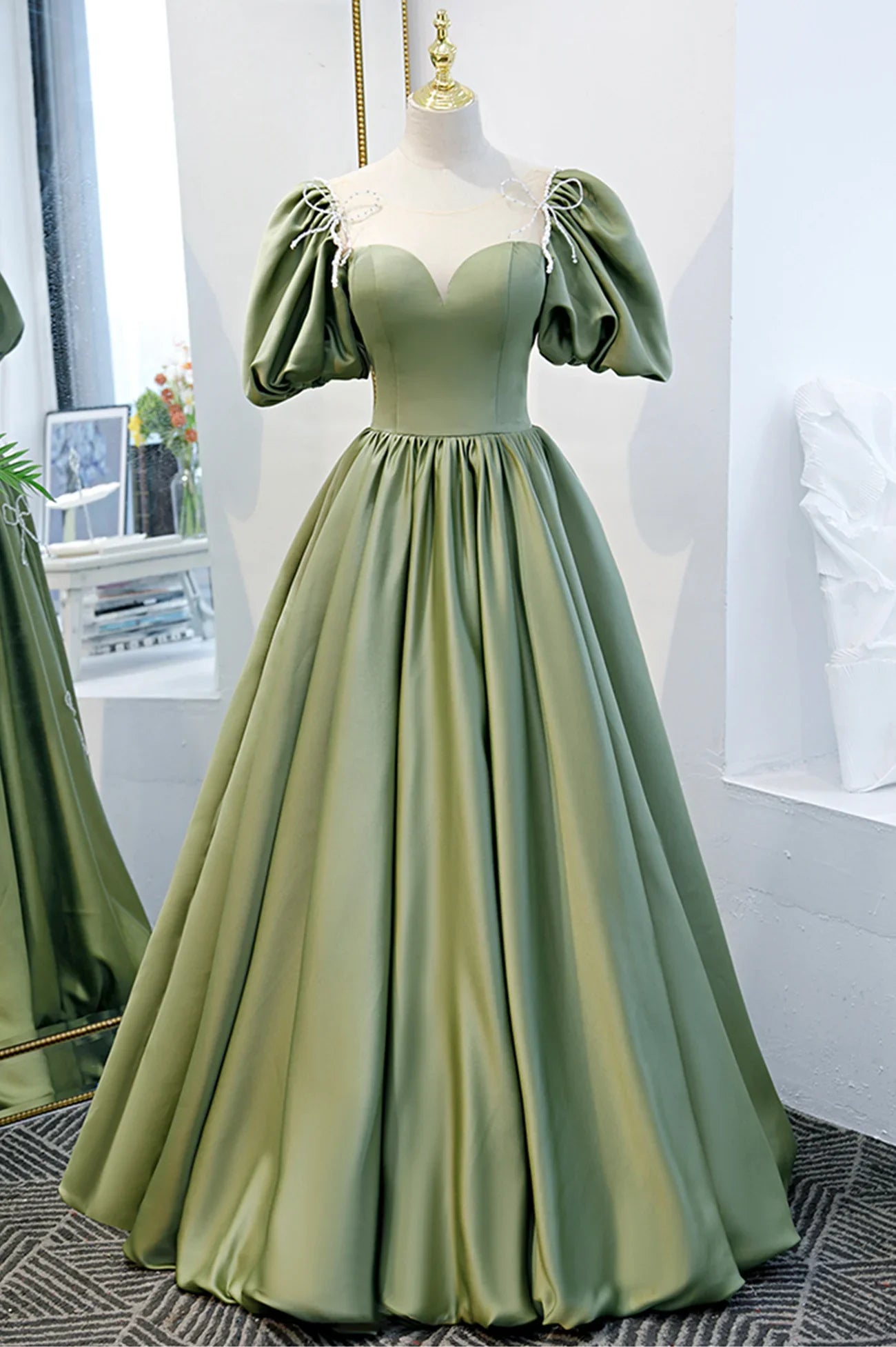 Vestido formal largo de satén verde, corte A, vestido de fiesta juvenil verde TP613