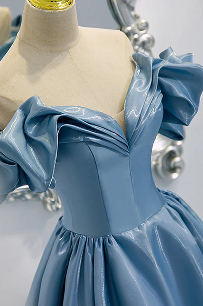 Blue V-Neck Satin Long Prom Dress, Off the Shoulder Evening Dress TP614
