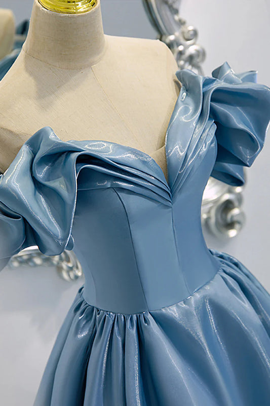 Blue V-Neck Satin Long Prom Dress, Off the Shoulder Evening Dress TP614