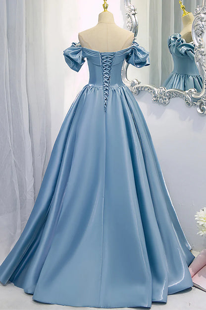 Blue V-Neck Satin Long Prom Dress, Off the Shoulder Evening Dress TP614