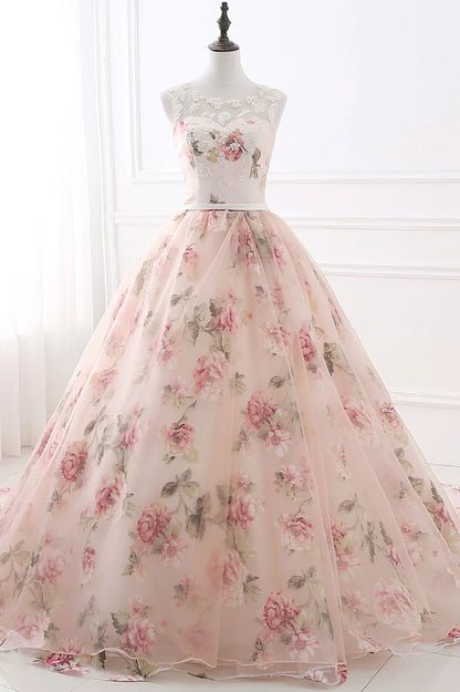 Vestido de fiesta largo de encaje con estampado floral rosa, corte A, TP615