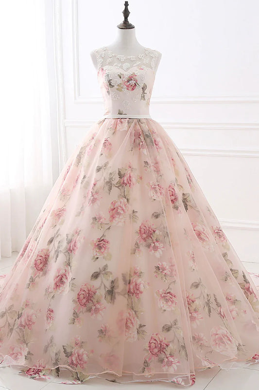 Vestido de fiesta largo de encaje con estampado floral rosa, corte A, TP615