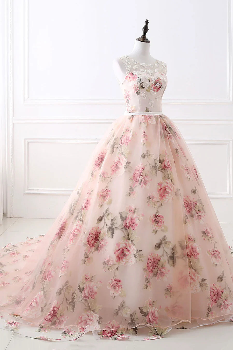 Vestido de fiesta largo de encaje con estampado floral rosa, corte A, TP615