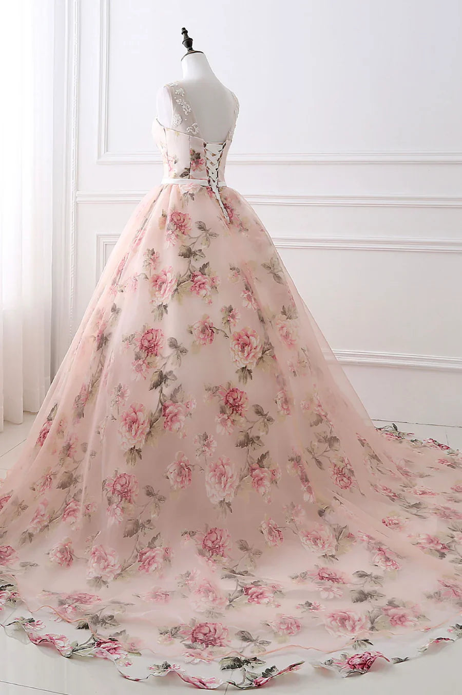 Vestido de fiesta largo de encaje con estampado floral rosa, corte A, TP615