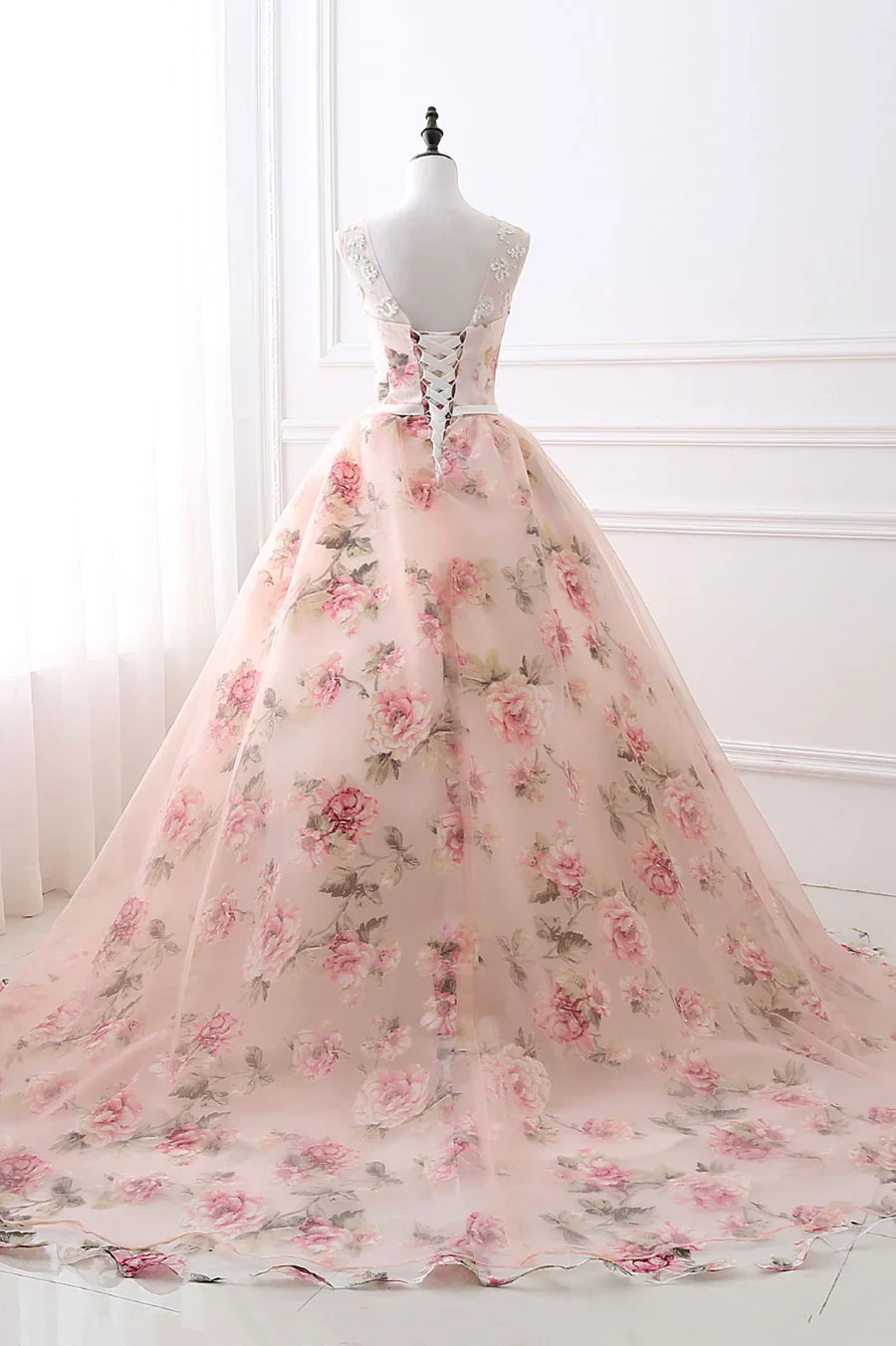 Vestido de fiesta largo de encaje con estampado floral rosa, corte A, TP615