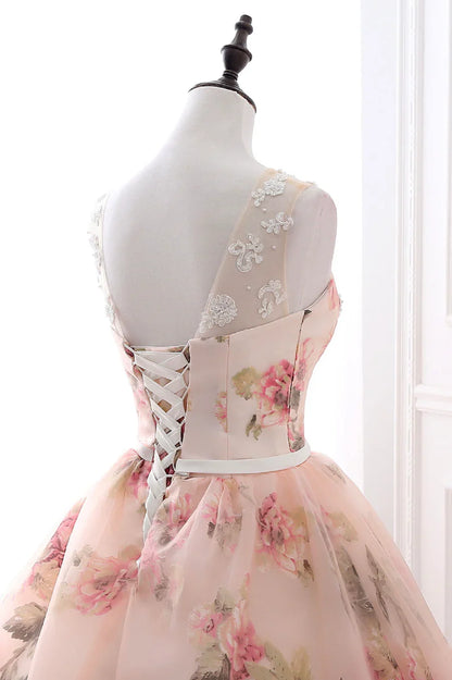Vestido de fiesta largo de encaje con estampado floral rosa, corte A, TP615