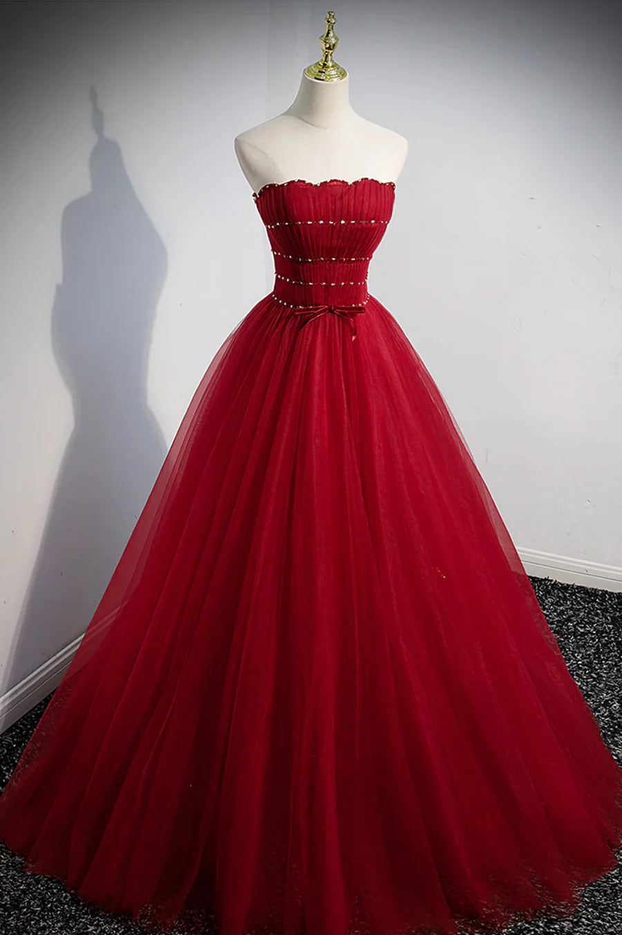 Vestido formal largo de tul con cuentas rojas, corte A, vestido de fiesta rojo TP616