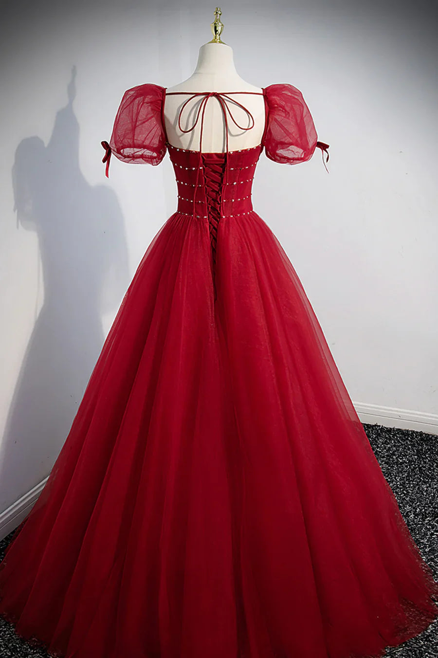 Vestido formal largo de tul con cuentas rojas, corte A, vestido de fiesta rojo TP616
