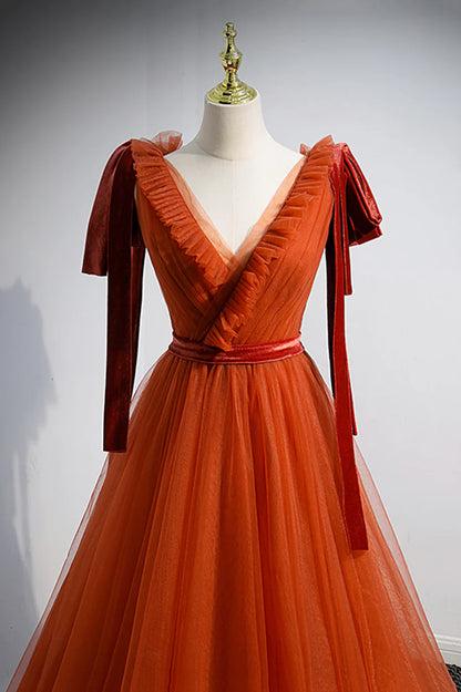 Vestido de fiesta largo de tul con escote en V, corte A, TP618