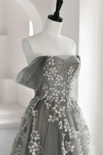 Vestido de fiesta largo de tul gris con encaje, corte A y hombros descubiertos, TP620