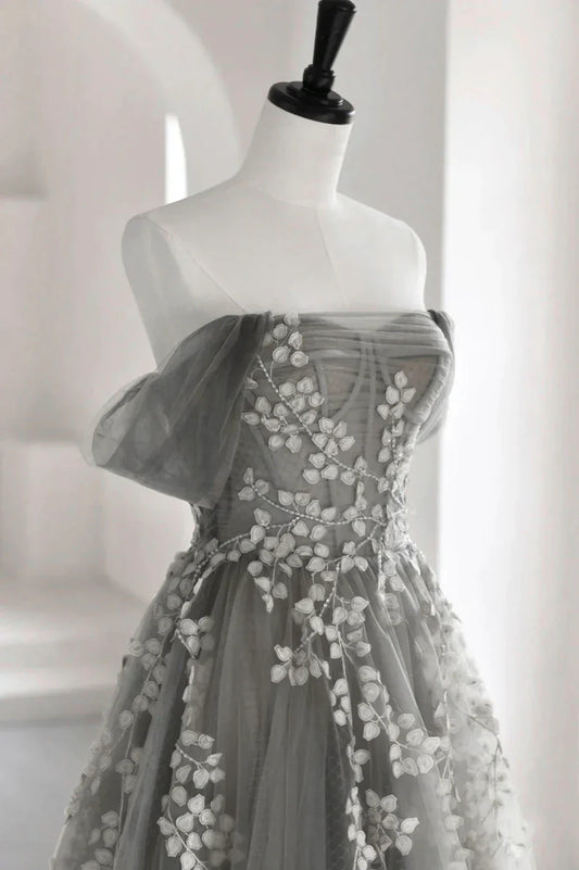 Vestido de fiesta largo de tul gris con encaje, corte A y hombros descubiertos, TP620