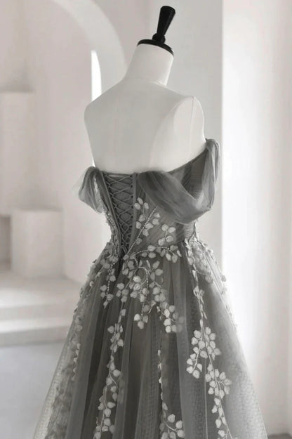 Vestido de fiesta largo de tul gris con encaje, corte A y hombros descubiertos, TP620
